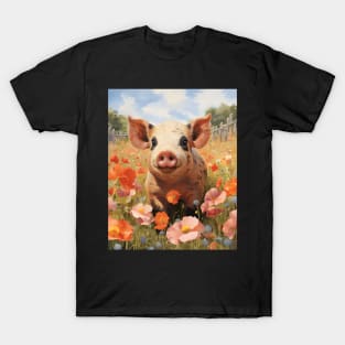 Retro Vintage Cute Pig in Field - Charming Artwork for Pig Lovers T-Shirt